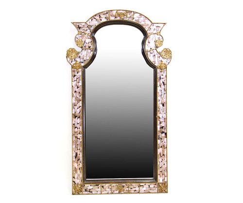 MOTHER-OF-PEARL INLAID FRAMED BEVELED GLASS MIRROR