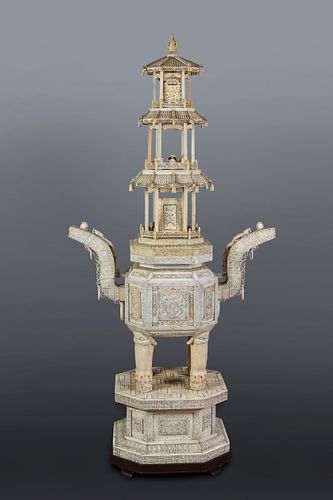 Large three-story pagoda. China, second half 20th century In ivory. On wooden base.