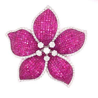 18K Ruby Diamond Flower Brooch