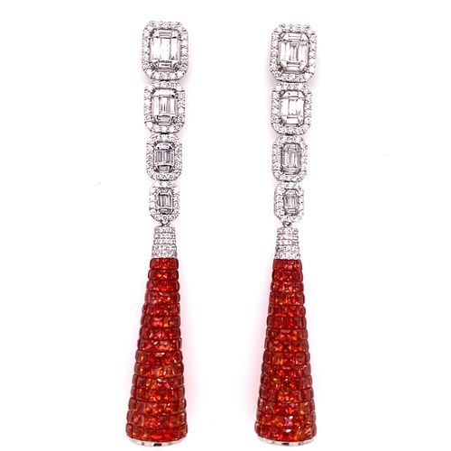 18k Diamond Orange Sapphire Drop Earrings