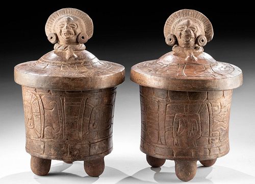 Maya Lidded Vessels w/ Deity Heads (matched pr)