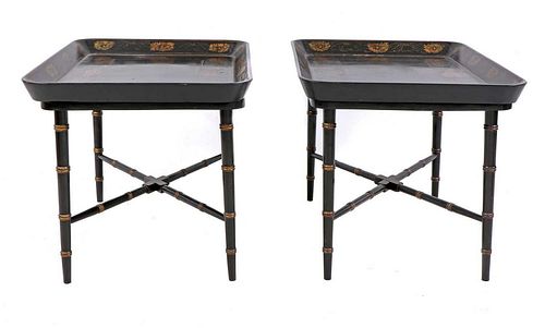 A pair of Regency-style papier mâché tray-top side tables,