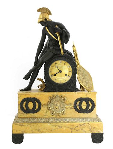 A French Empire patinated and gilt-bronze and Sienna marble mantel clock,