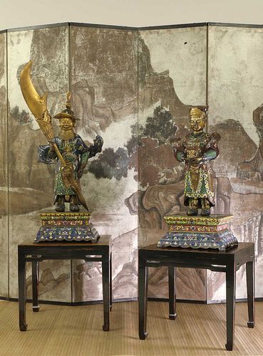 A pair of Chinese cloisonné attendant figures,