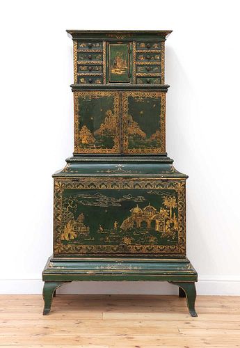 A Northern European green-lacquered and japanned cabinet on stand,