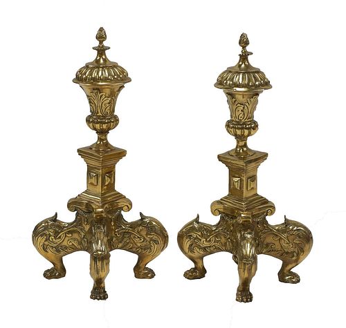 A pair of large baroque-style cast bronze andirons,