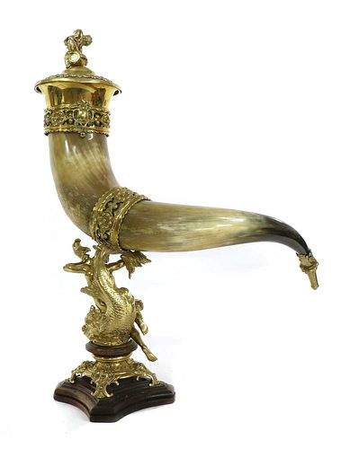 A large brass-mounted ceremonial horn,