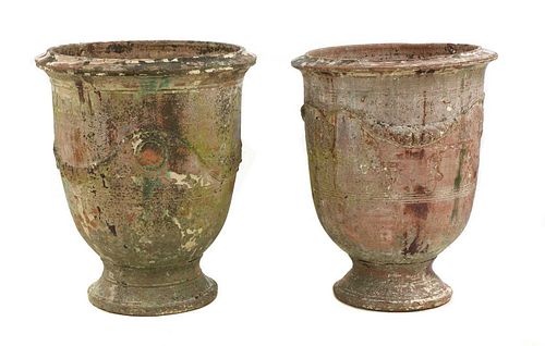 Two similar 'Poterie d'Anduze' glazed terracotta garden urns,