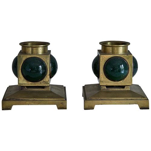 Pair of French 1950s Brass and Colored Glass Candlesticks
