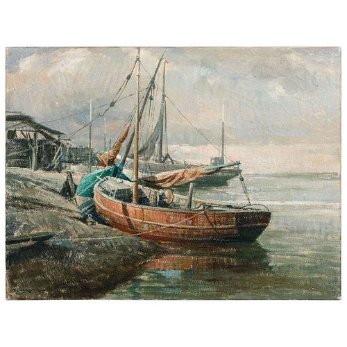 Early 20th Century Belgian Canvas Painting of Boats