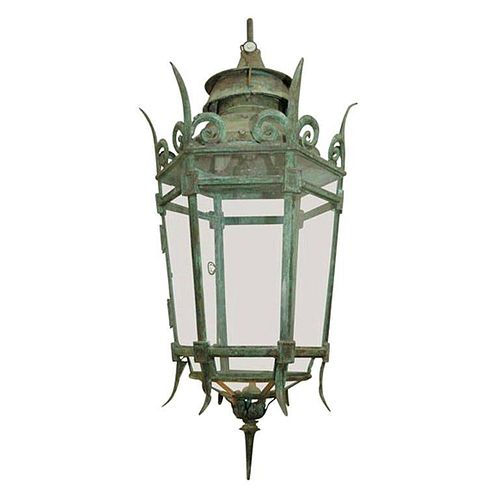 Mid-19th Century Bronze and Glass Hexagonal Hanging Lantern from England