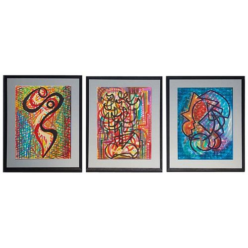 Set of Three Mid-Century Modern Watercolor Paintings from France in Custom Frame