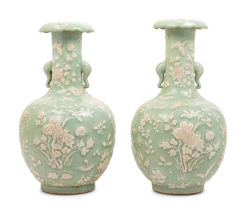 A Pair of Chinese Celadon Glazed Porcelain Vases