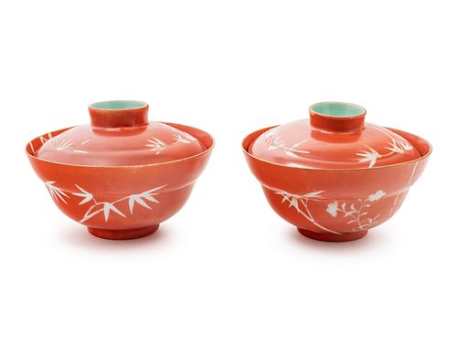 A Pair of Chinese Coral Red Ground Porcelain 'Bamboo' Covered Bowls