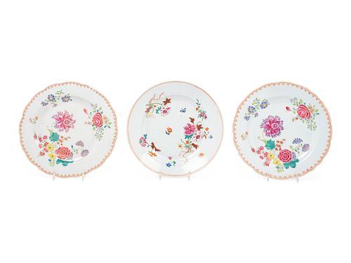 Three Chinese Export Famille Rose Porcelain Plates