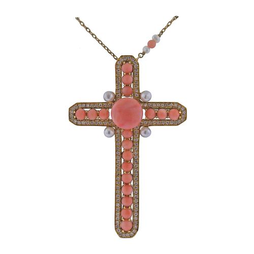Italian 18k Gold Diamond Coral Pearl Cross Pendant Necklace