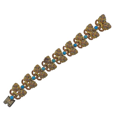 Italian 18k Tri Color Gold Turquoise Diamond Bracelet