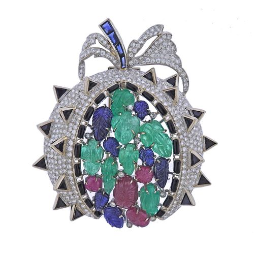 Tutti Frutti 18k Gold Carved Emerald Sapphire Diamond Ruby Brooch 