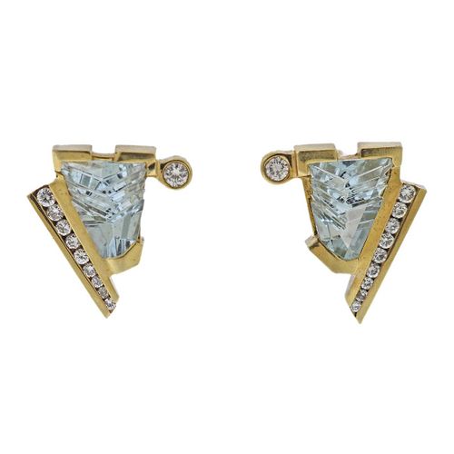 Munsteiner Fantasy Cut Aquamarine Diamond Gold Earrings