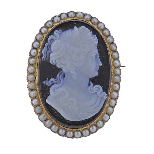 Antique Victorian Hardstone Pearl Cameo Brooch Pendant
