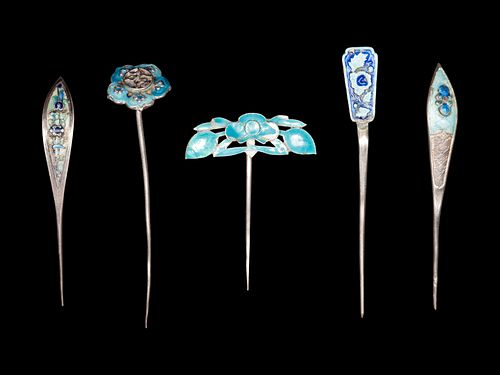 Five Chinese Enamel on Silver Hairpins
