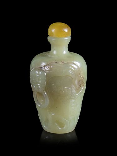 A Carved Yellow Jade 'Crane and Pine' Snuff Bottle