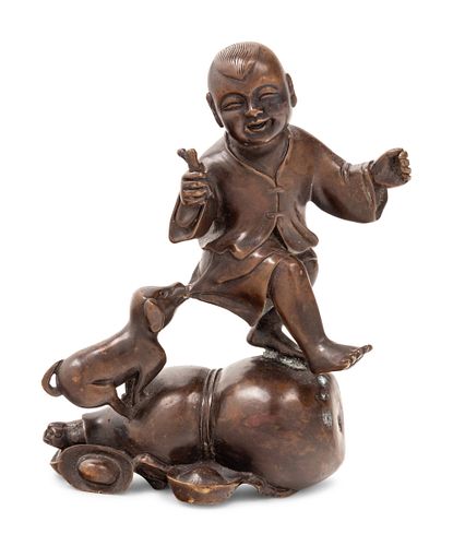 A Chinese Bronze 'Boy and Gourd' Group