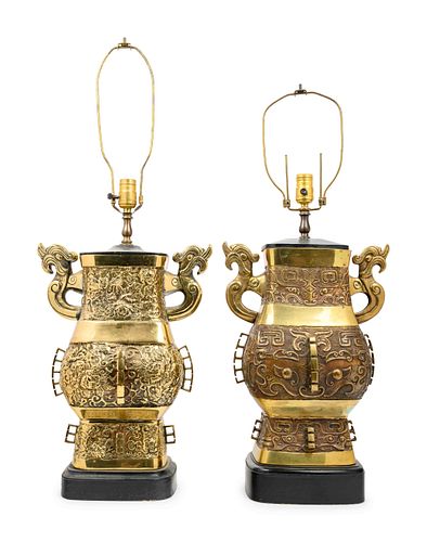 A Pair of Chinese Bronze Archaistic Bronze Hu Vases