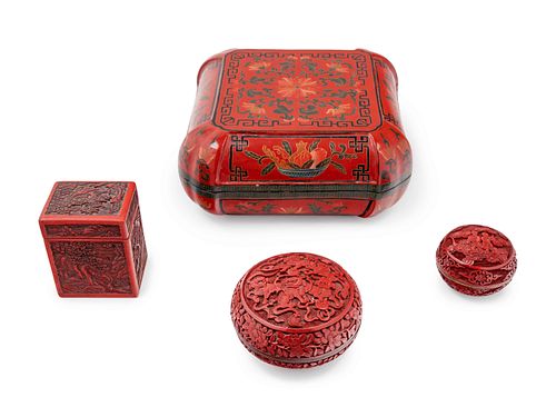 Four Chinese Red Lacquer Covered Boxes