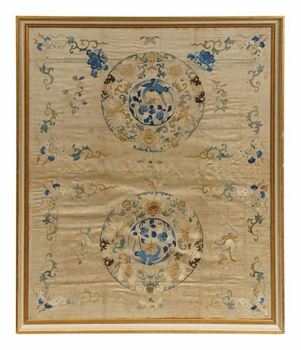 A Large Chinese Cream Ground Embroidered Silk Panel