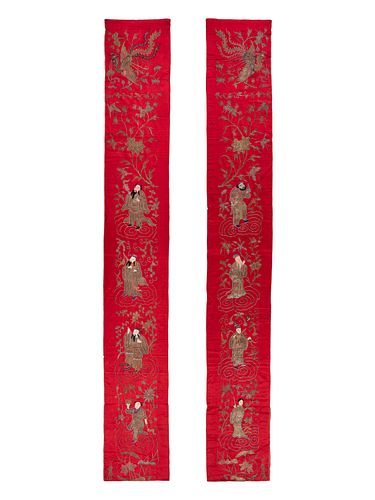A Pair of Chinese Red Ground Embroidered Silk Panels