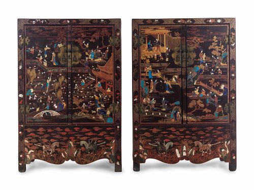 A Large Pair of Chinese Soapstone and Hardstone Inlaid Brown Lacquer Cabinets