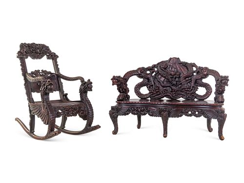 Two Chinese and Japanese Export Carved Hardwood Armchairs