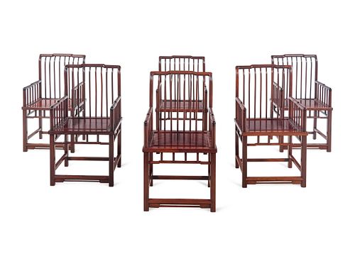 A Set of Six Chinese Hardwood Spindle-Back Armchairs, Shubeiyi or Meiguiyi