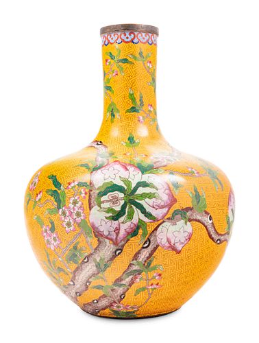 Three Large Chinese Yellow Ground Cloisonne Enamel Vases, Tianqiuping