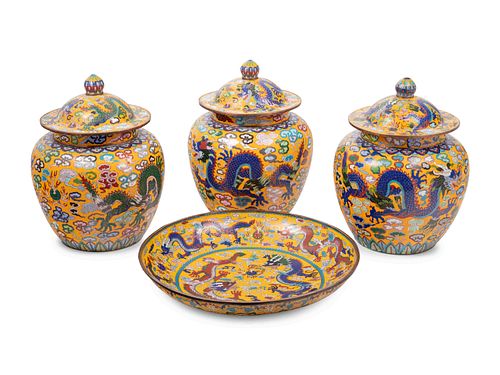 Four Chinese Yellow Ground Cloisonne Enameled Vessels