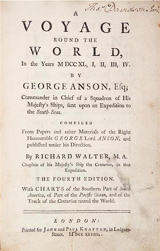ANSON, GEORGE, BARON ANSON. A Voyage Round the World... London, 1748. 4th ed., with 3-folding maps.