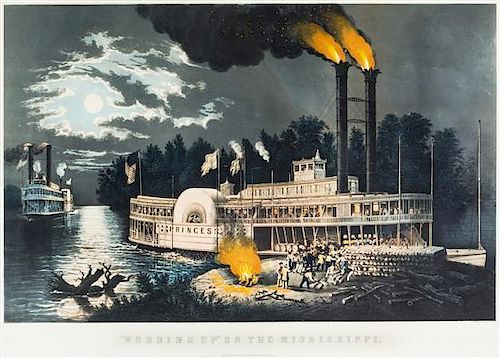 * CURRIER & IVES. Wooding Up the Mississippi. New York, 1863. Lithograph with hand-coloring. Framed.
