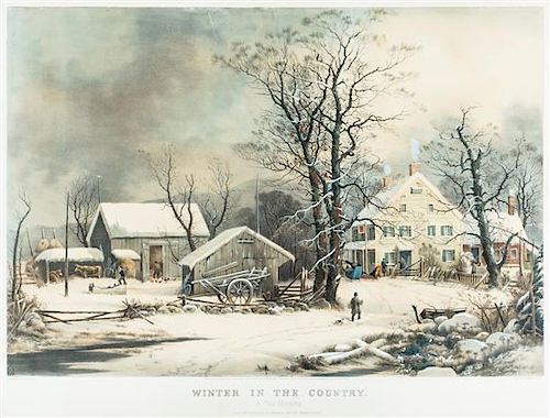 * CURRIER & IVES. Winter in the Country - A Cold Morning. New York, 1864. Litho. w/hand coloring. Framed.