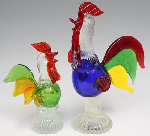 Two Art Glass Roosters