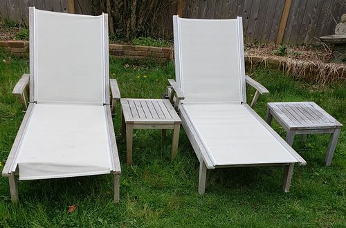 Pair of Gloster Teak Chaise Lounges and Side Tables