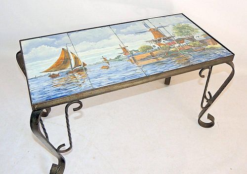 Wrought Iron and Delft Tile-top Table