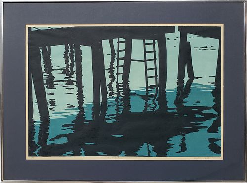 Vintage Limited Edition William J. Dickson Nantucket Wood Block Print, "Pier Reflections"
