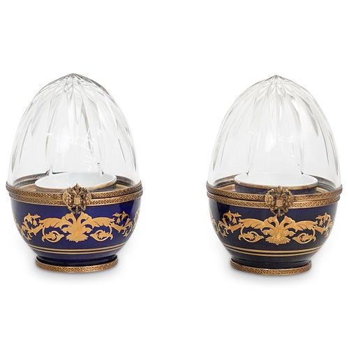 (2 Pc) Faberge Glass and Enamel Caviar Servers