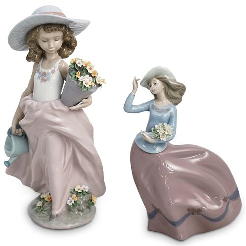 (2 Pc) Lladro Porcelain Grouping - Girl w/ Flowers