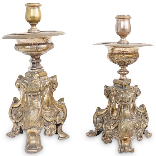 Pair of Antique Brass Ornate Candle Holders
