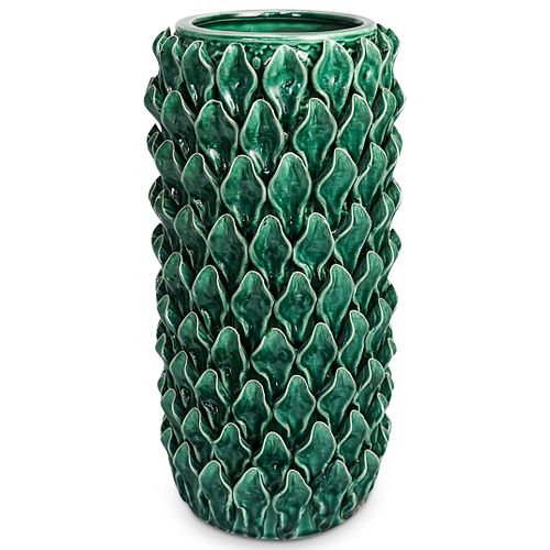 Italian Large Green Ceramic Leaf Textured Vase