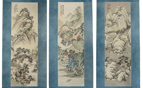 Chinese Triptych Of Landscape Watercolors