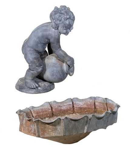 (2 PC) LEAD GARDEN PUTTO WITH SEPARATE LEAD BASIN