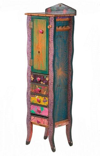 CONTEMPORARY FOLK ART FLOOR STANDING JEWELRY CHEST BY SHOE STRING CREATIONS